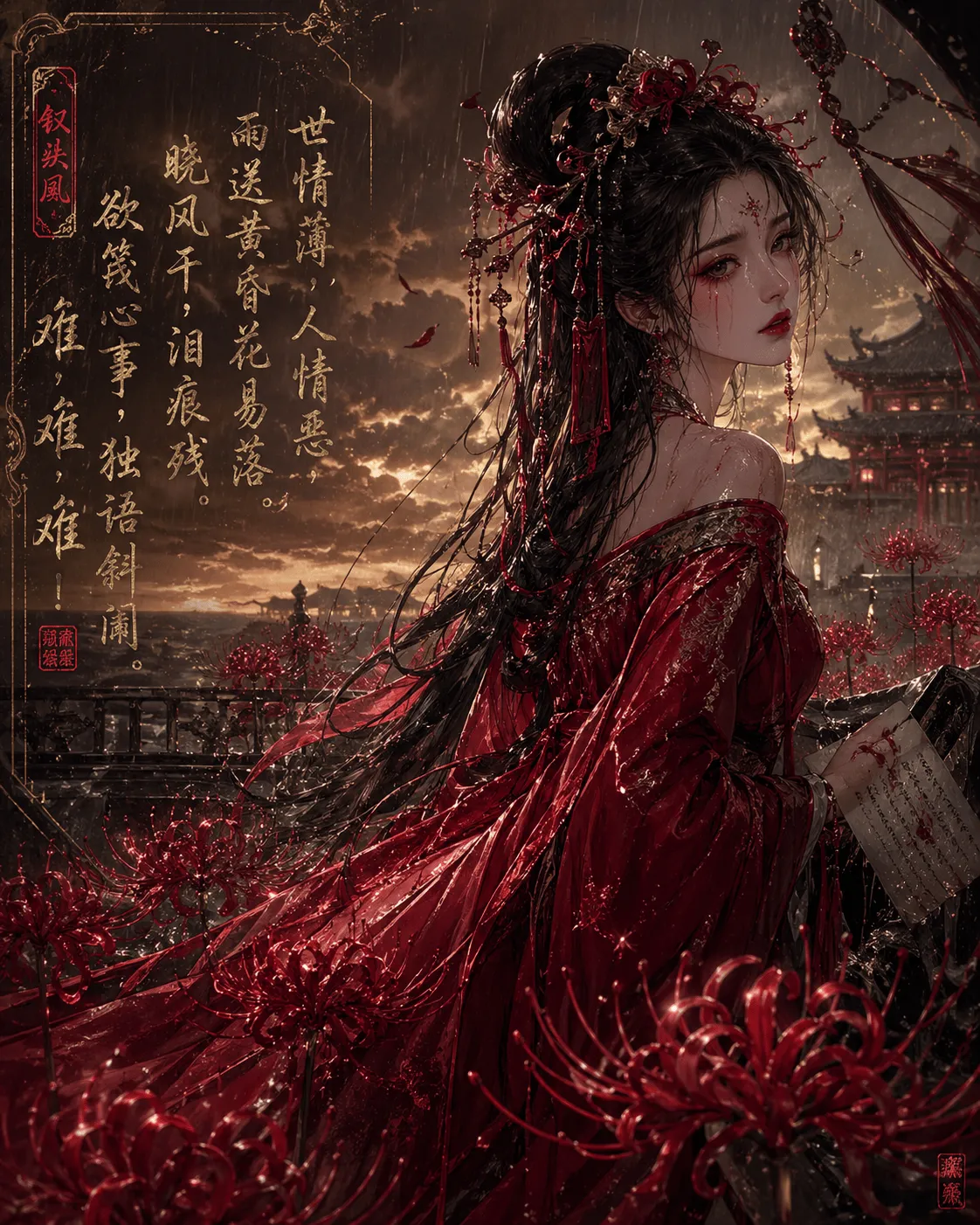 如何用AI绘画生成绝美红妆女子与彼岸花丛的张力场景