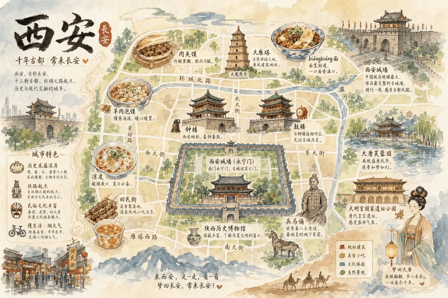 如何用AI生成手绘水彩风格的西安城市美食与地标地图