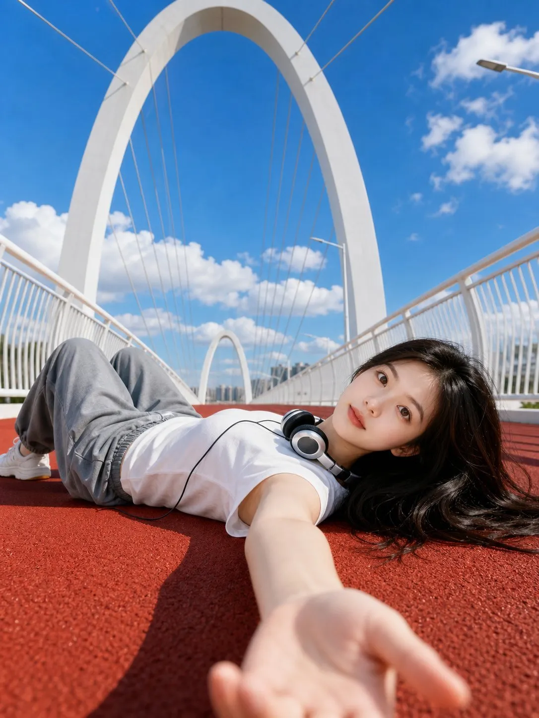 如何用AI生成电影感低角度桥上自拍肖像