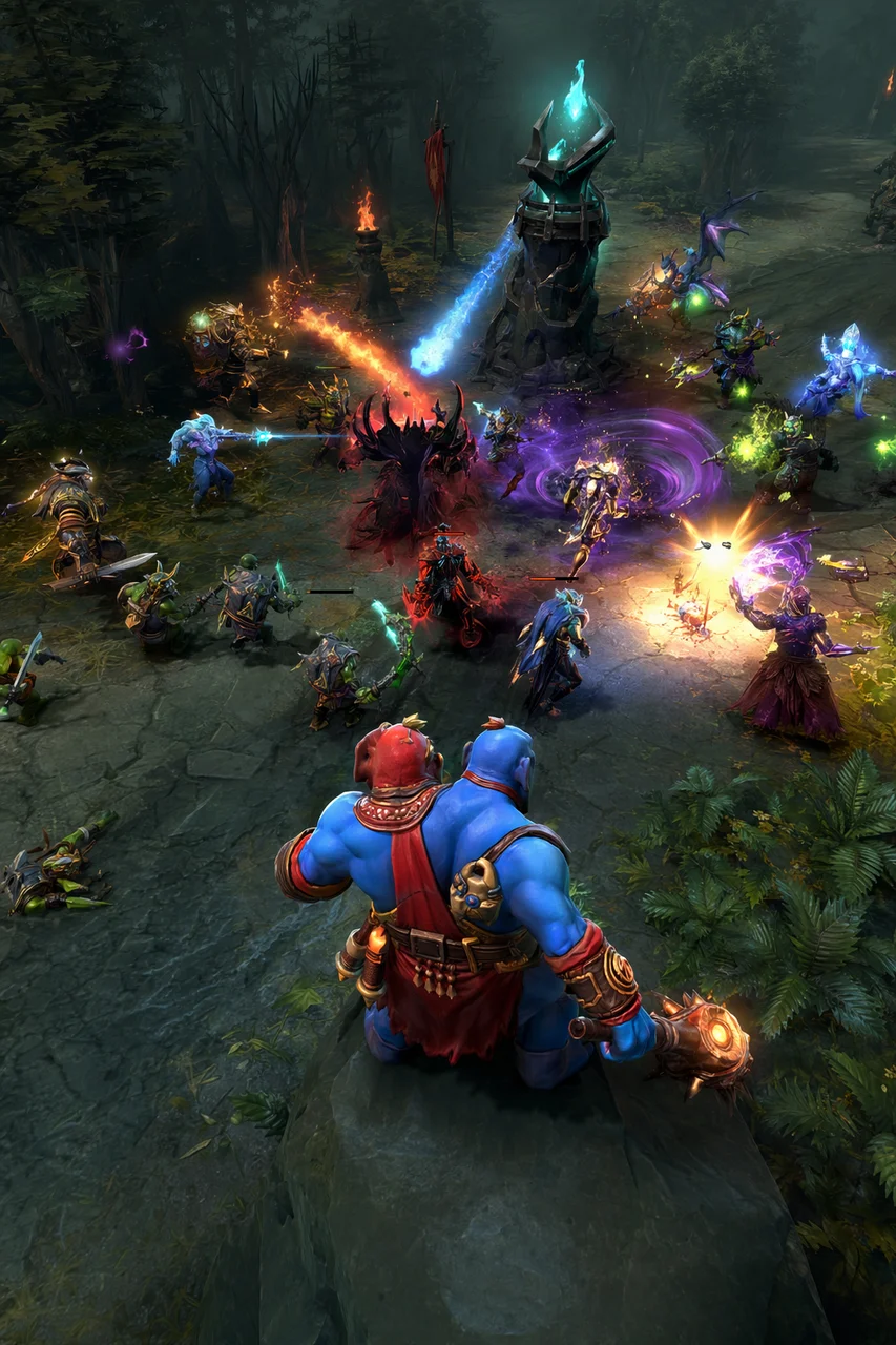 用AI绘画生成Dota 6.74地图中的史诗级5v5团战场景