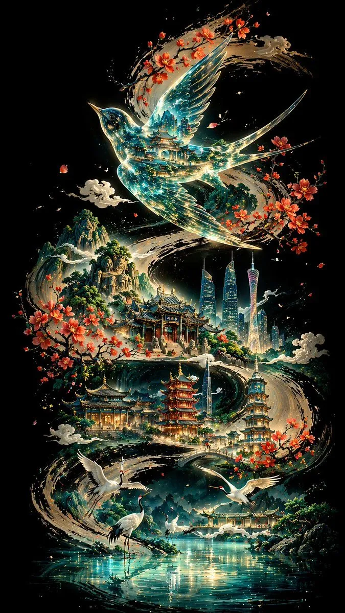 悬浮于广州地标之上的玻璃鸟：AI水墨超现实画作生成SOP