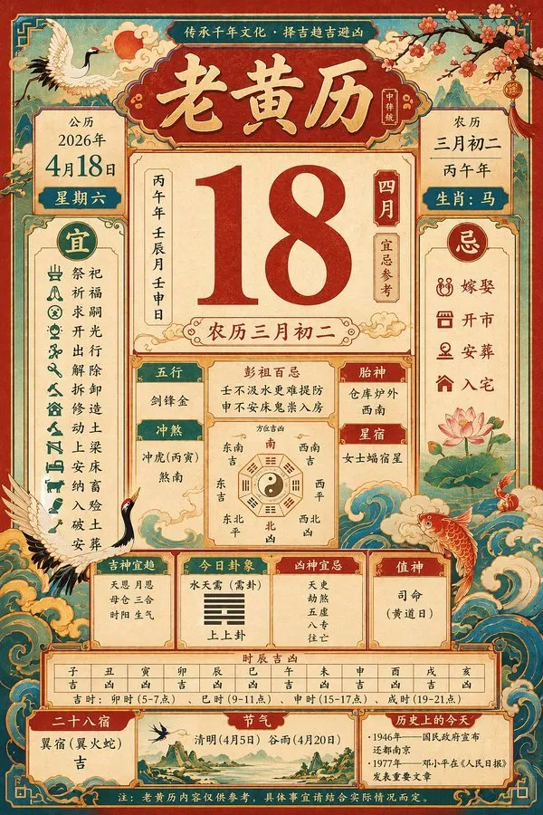 如何用AI生成一张2026年4月18日的老黄历日历页
