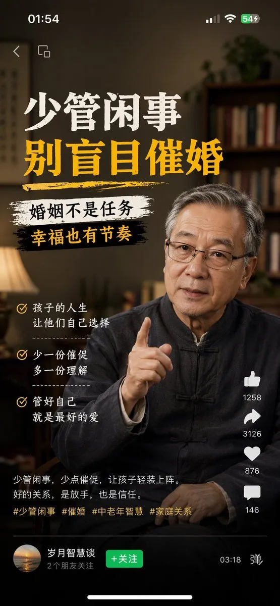 如何用AI生成微信视频号截图：中老年不要盲目催婚（iPhone尺寸）