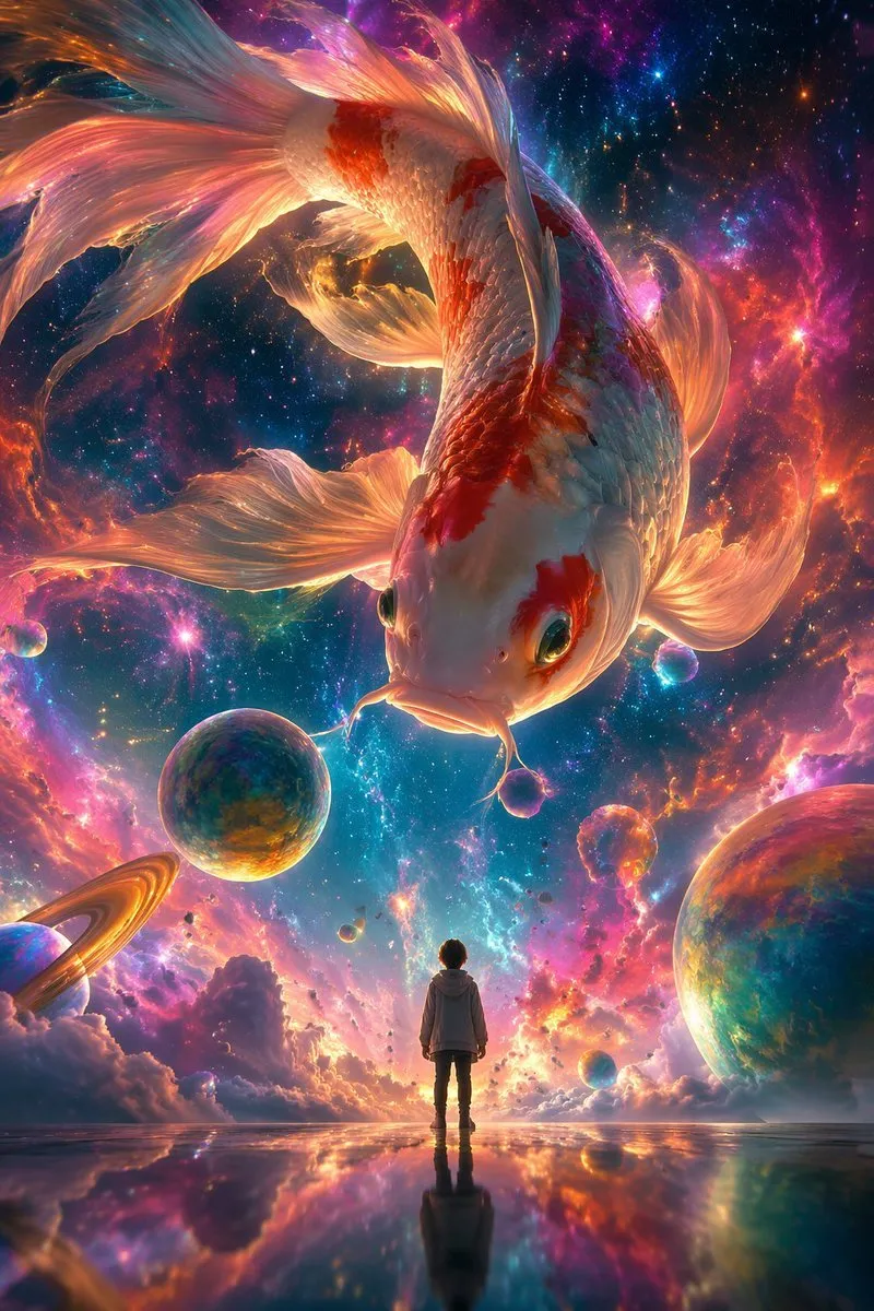 梦幻星云中的空灵巨鲤艺术：超现实插画AI生成教程