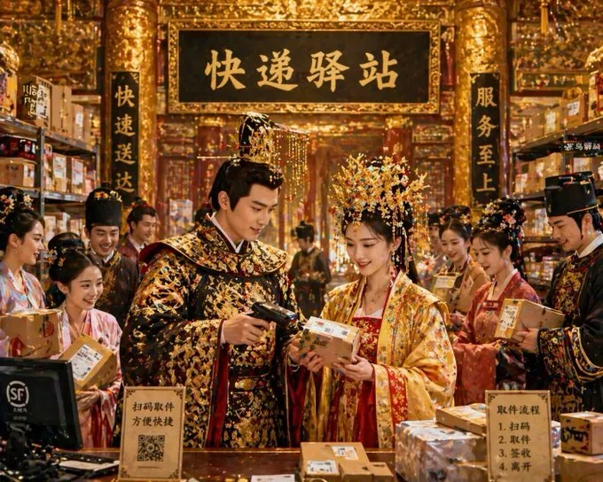 如何用AI生成一张“古代皇宫×快递驿站”的奇幻插画