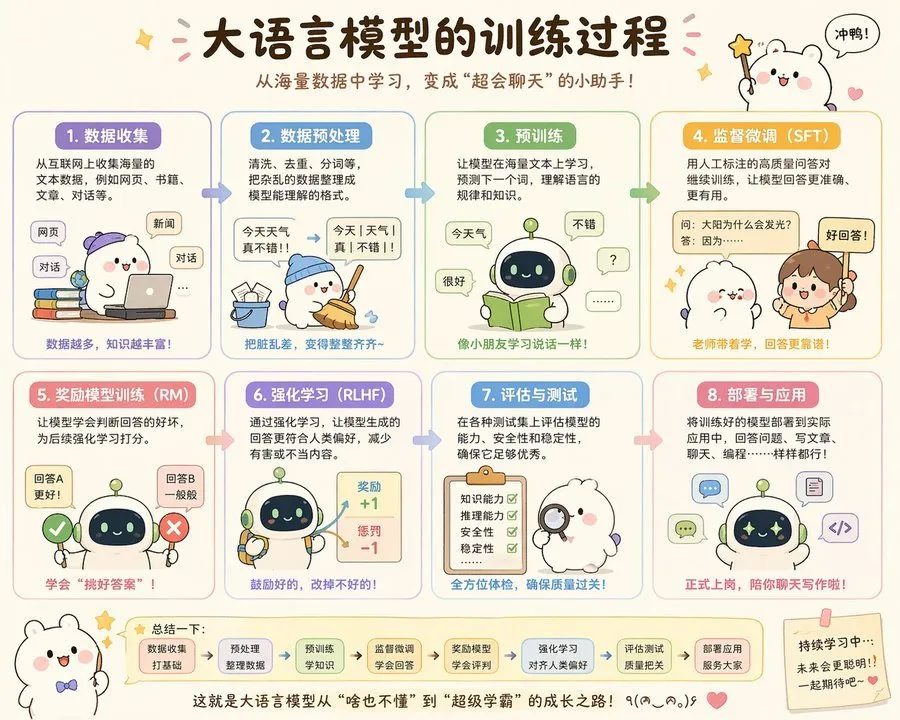 可爱风信息图：大语言模型训练过程全解析