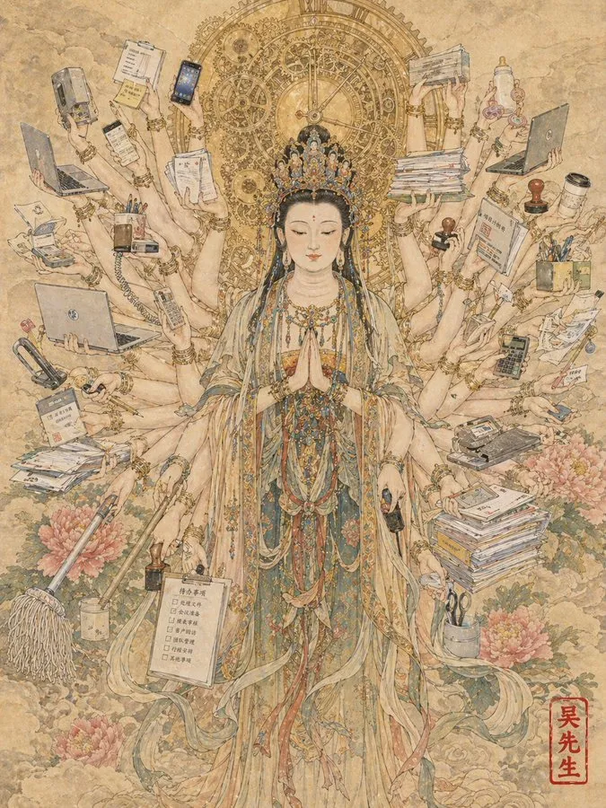 现代多任务观音工笔画：用AI生成打工人的神性瞬间