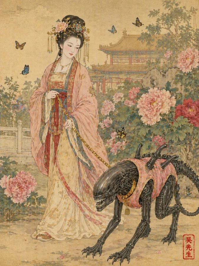 AI工笔画教程：如何用提示词生成“唐女士遛异形”的奇幻国风插画