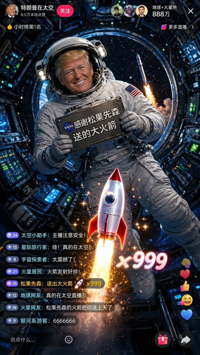 特朗普太空站抖音直播：用AI生成《地心引力》级8K画面