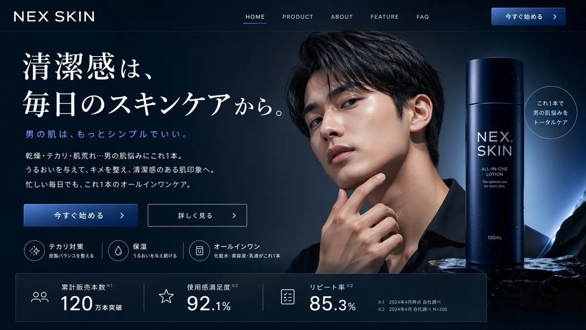 如何用AI生成Nex男士护肤品牌暗色调着陆页