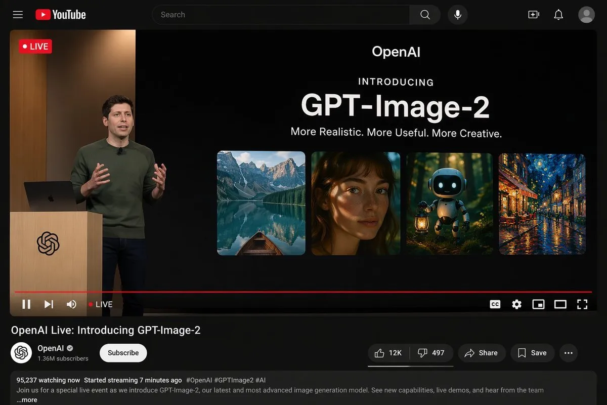 YouTube暗色模式UI截图：OpenAI GPT-Image-2 发布直播