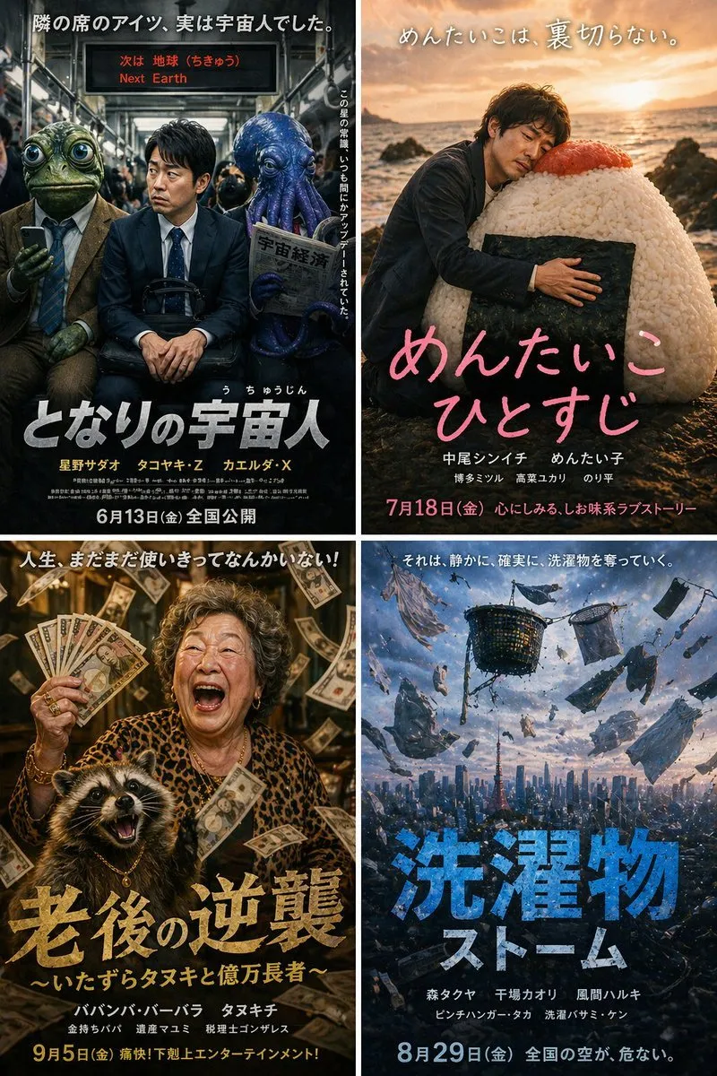如何用AI生成古怪日本电影海报合集：2×2网格排版教程