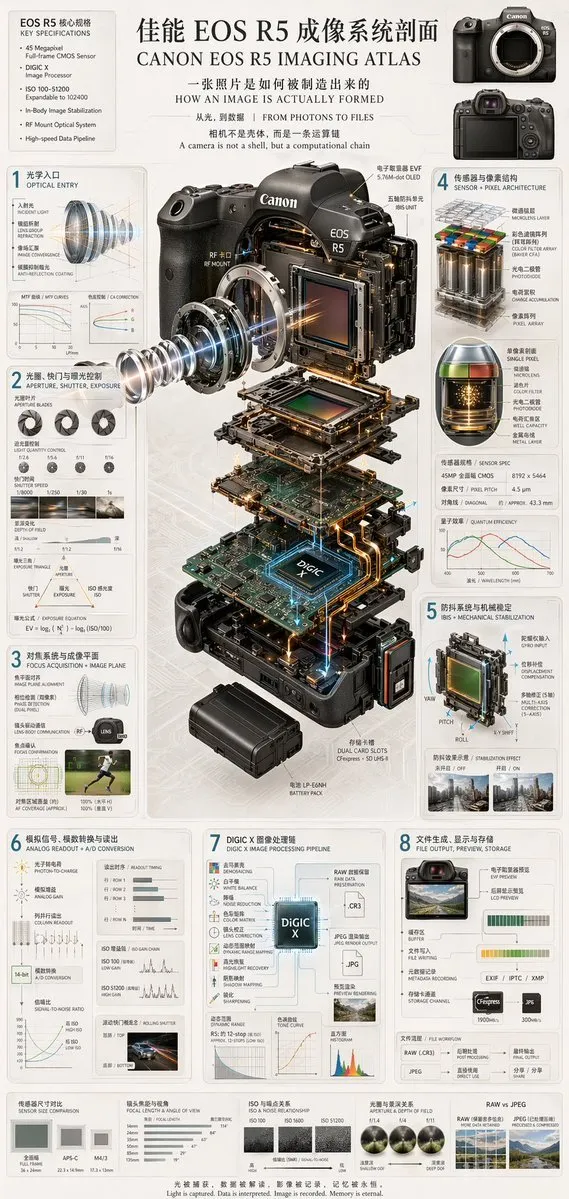 如何用AI生成佳能EOS R5成像系统剖面图：从光子到文件的完整技术图解