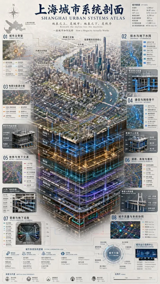 如何用AI生成复杂城市系统图鉴信息图：上海城市剖面教程