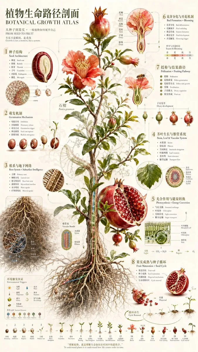 如何用AI生成一张植物学科学信息图：石榴生长全周期解剖