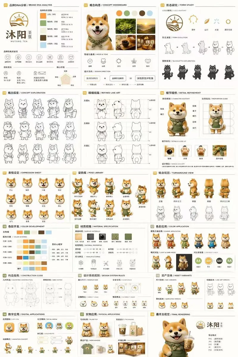 如何用AI生成一套完整的18页品牌吉祥物设计文档：沐阳茶铺柴犬吉祥物SOP