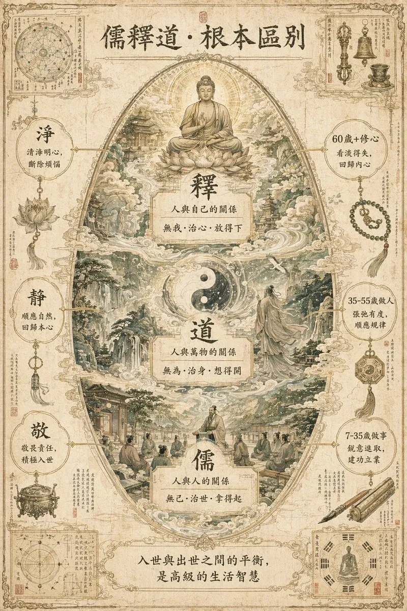 如何用AI绘制古东方哲学世界信息图：儒释道根本区别