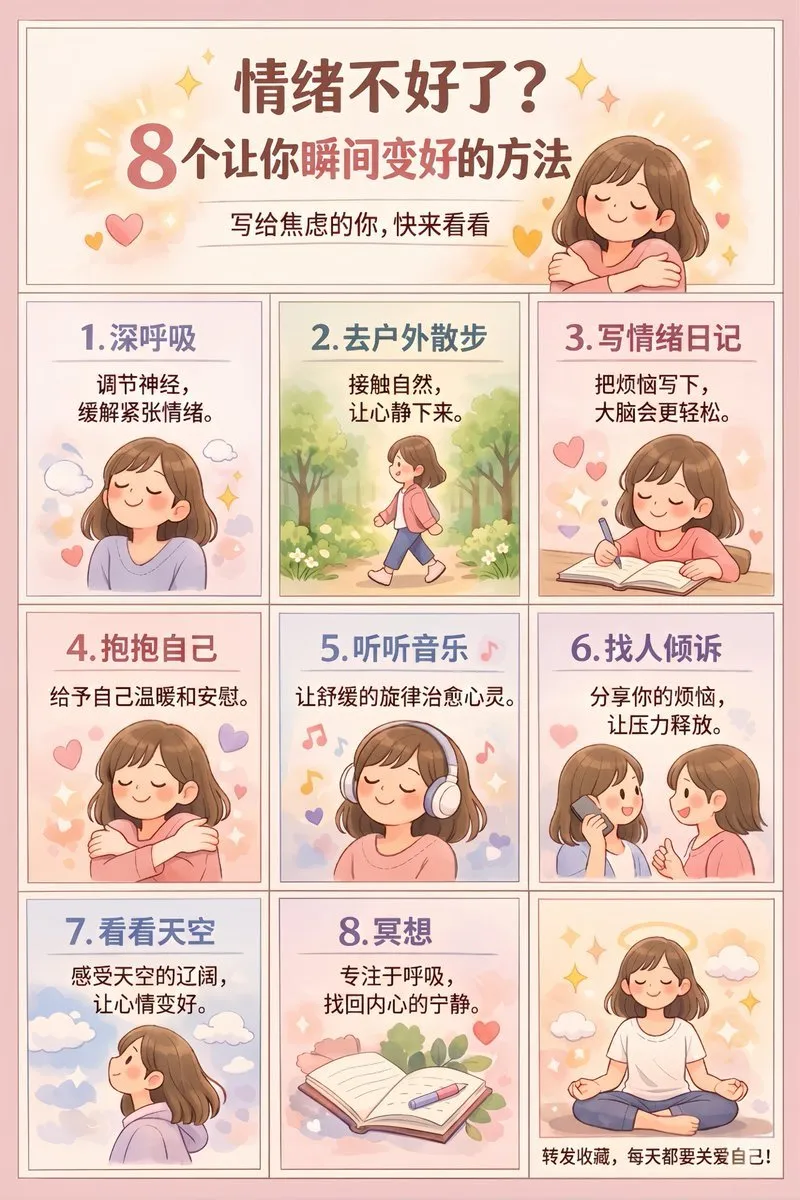 如何用AI生成温馨可爱日常作息信息图：8个情绪调节方法
