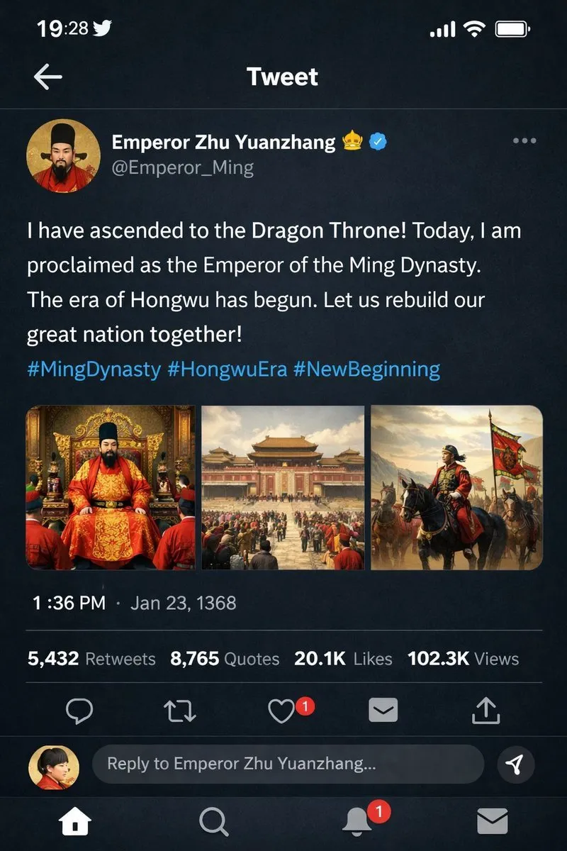 如何用AI生成一张明太祖朱元璋的Twitter/X深色模式界面设计稿