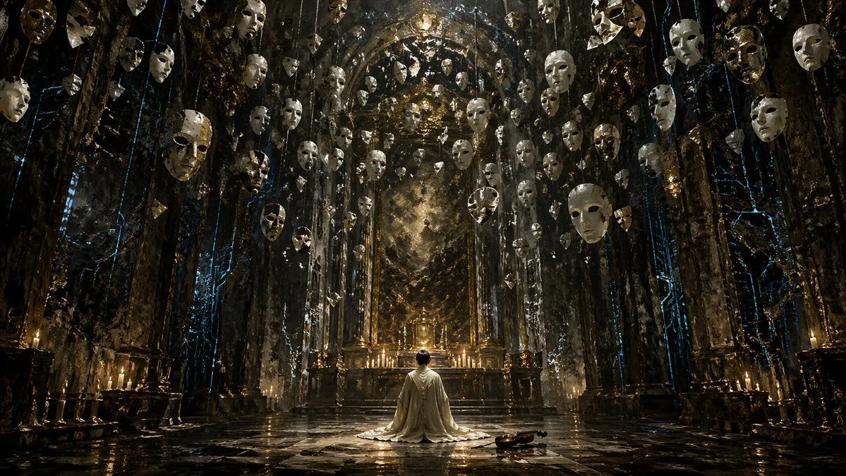 如何用AI生成电影级黑暗哥特风格场景：大教堂与神秘人物