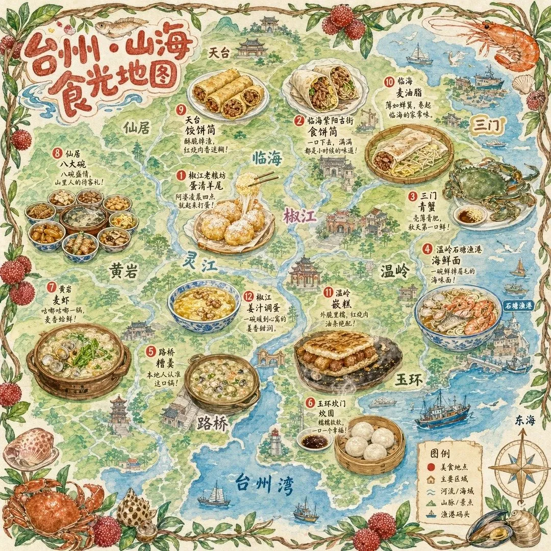 如何用AI绘画工具生成水彩手绘风格的台州山海美食地图