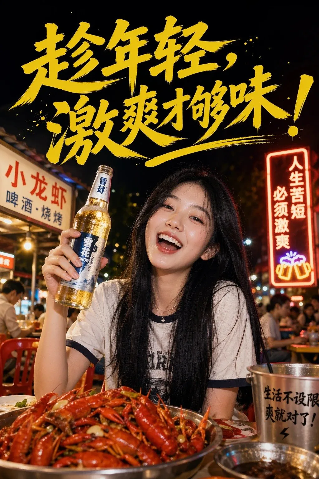 如何用AI生成一张热闹的夜市啤酒美食海报