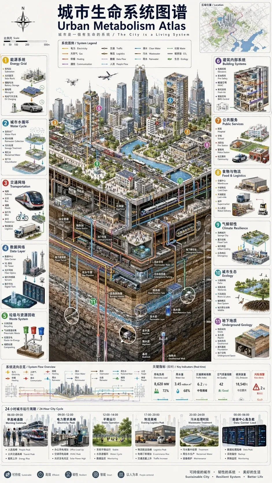 AI生成智慧城市等距信息图：从天空到基岩的城市代谢全图谱