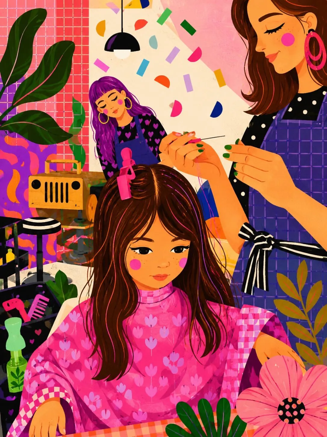 如何用AI生成梦幻柔和发廊插画：打造Pinterest风美发店场景