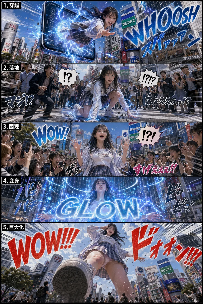 电影真实感与漫画分割效果海报：AI生成涩谷奇幻都市穿越漫画