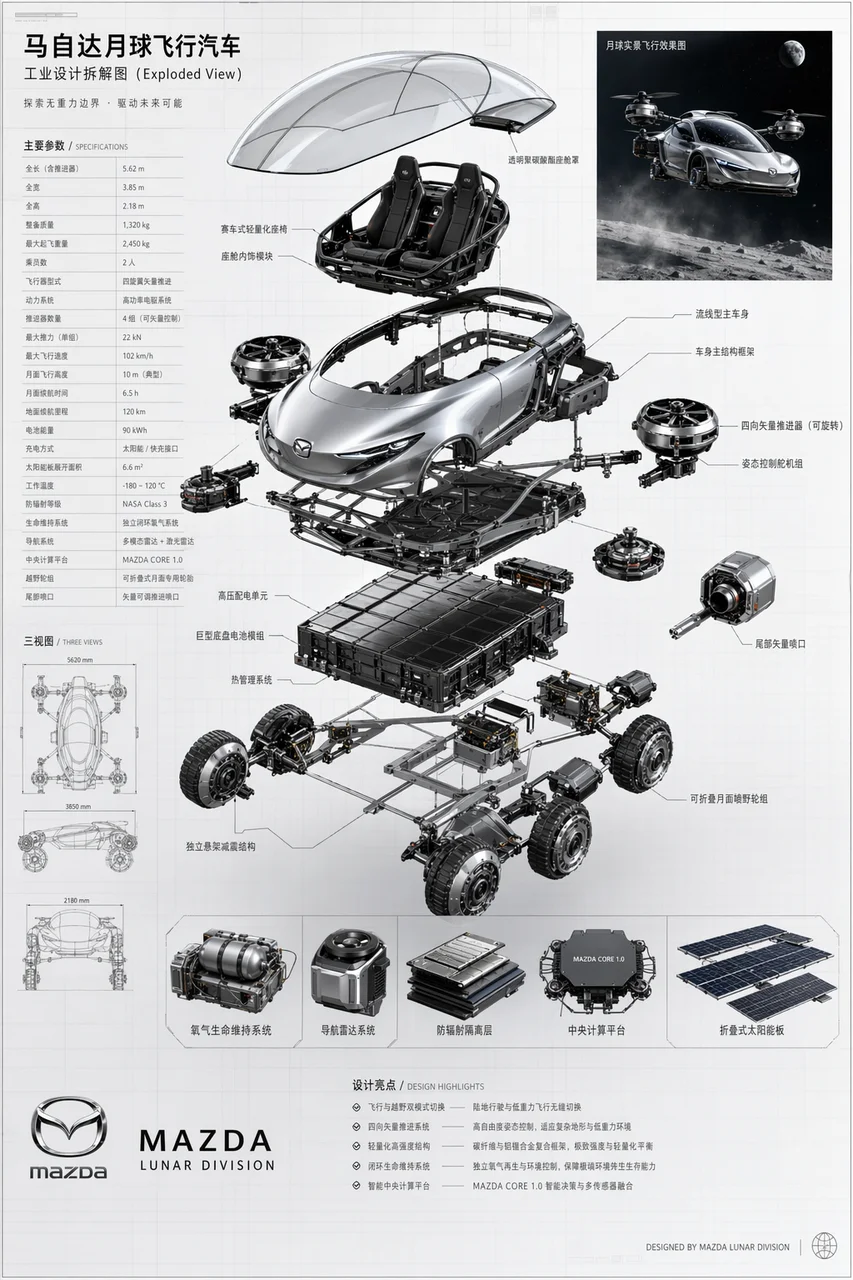 马自达月球飞行汽车分解图：工业设计AI绘画教程