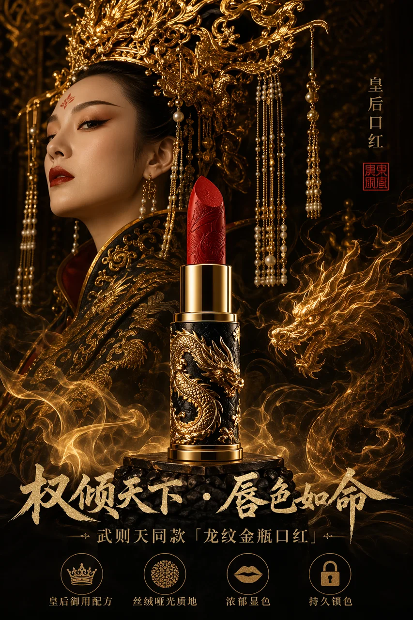 如何用AI生成“武则天龙纹金管口红”奢华电影海报